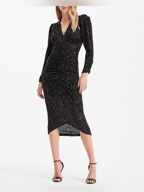 Express Women’s Black Sequin Long Sleeve V-Neck Ruched Midi Dress Size S NWT